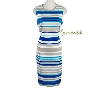 Calvin Klein blue and neutral stripe scuba sleeveless sheath dress 4 KK10